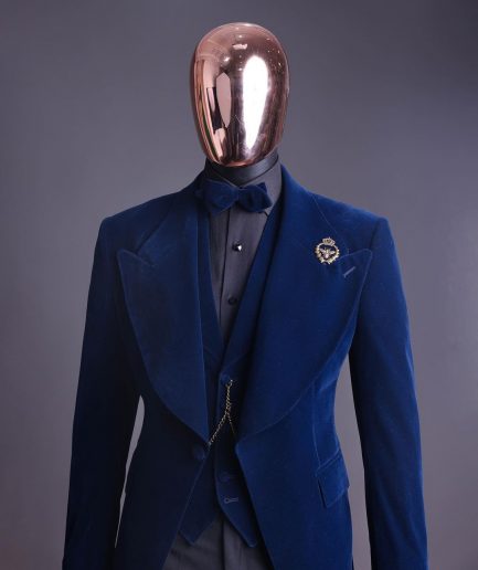 A Midnight Blue, soaked velvet fabric, knitted, wide peak lapel tuxedo suit