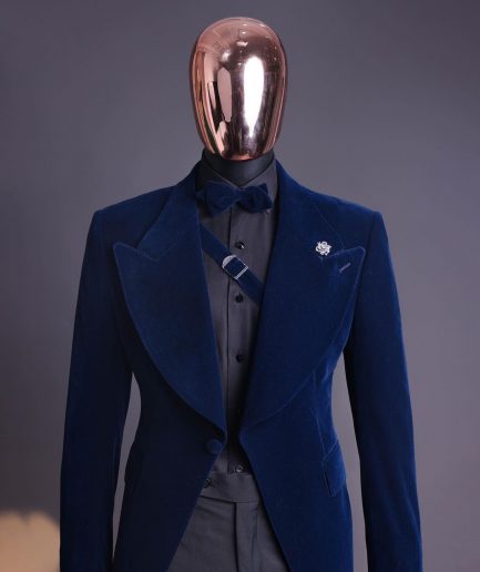 A Midnight Blue, Soaked Velvet Fabric, Knitted, Wide Peak Lapel Tuxedo Suit.