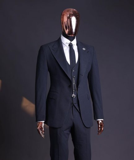 A Steel Black, Seer Sucker Fabric, Knitted, Peak Lapel Suit