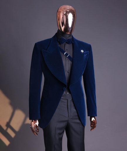 A Midnight Blue, Soaked Velvet Fabric, Knitted, Wide Peak Lapel Tuxedo Suit.