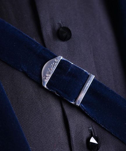 A Midnight Blue, Soaked Velvet Fabric, Knitted, Wide Peak Lapel Tuxedo Suit.