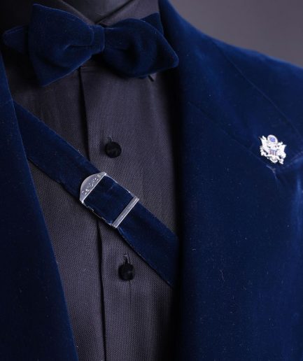 A Midnight Blue, Soaked Velvet Fabric, Knitted, Wide Peak Lapel Tuxedo Suit.