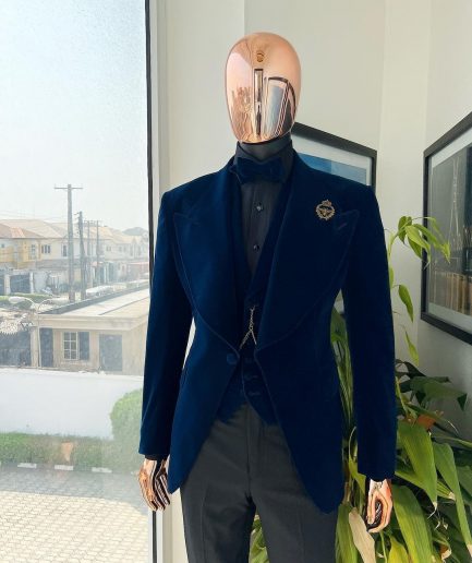A Midnight Blue, soaked velvet fabric, knitted, wide peak lapel tuxedo suit