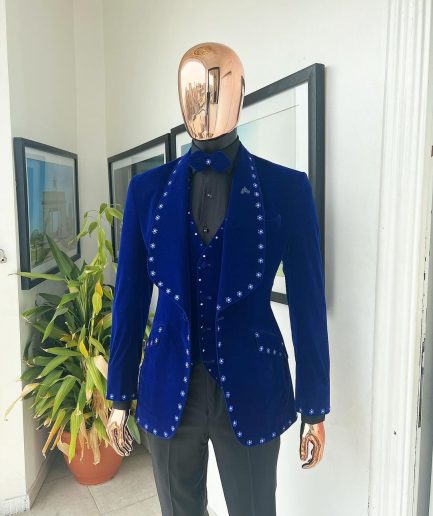 An Admiral Blue velvet shawl lapel tuxedo suit, laced with navy blue and silver ss20 Swarovski stones