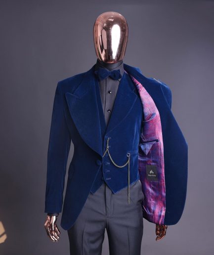 A Midnight Blue, soaked velvet fabric, knitted, wide peak lapel tuxedo suit