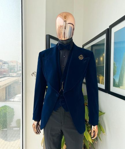 A Midnight Blue, soaked velvet fabric, knitted, wide peak lapel tuxedo suit