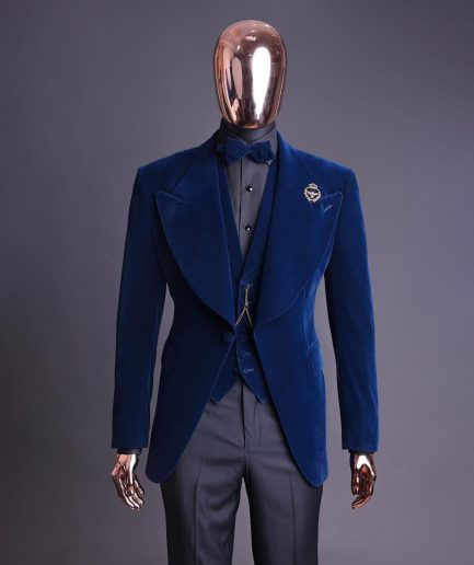 A Midnight Blue, soaked velvet fabric, knitted, wide peak lapel tuxedo suit