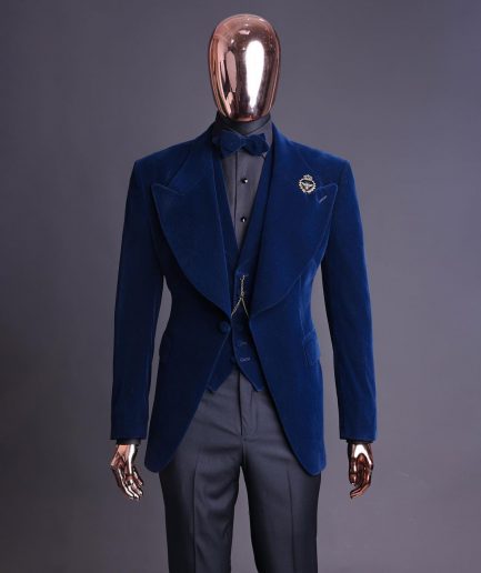 A Midnight Blue, soaked velvet fabric, knitted, wide peak lapel tuxedo suit