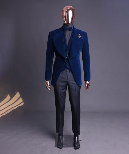 A Midnight Blue, soaked velvet fabric, knitted, wide peak lapel tuxedo suit