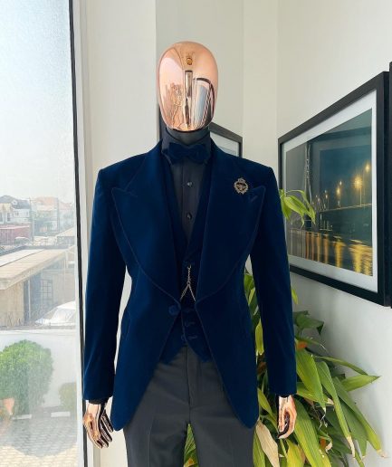 A Midnight Blue, soaked velvet fabric, knitted, wide peak lapel tuxedo suit