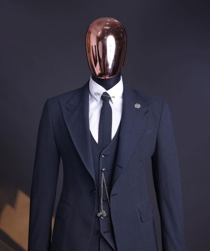 A Steel Black, Seer Sucker Fabric, Knitted, Peak Lapel Suit