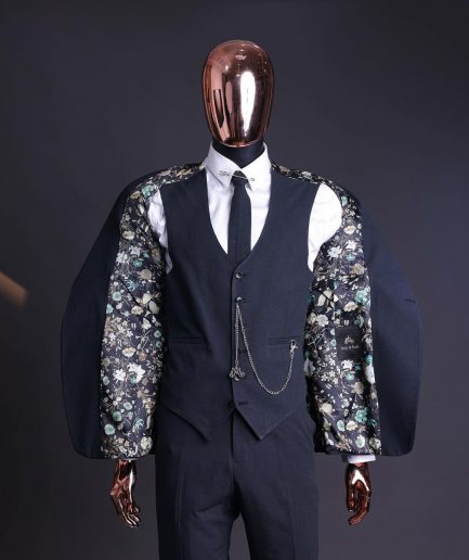 A Steel Black, Seer Sucker Fabric, Knitted, Peak Lapel Suit