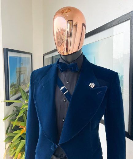 A Midnight Blue, Soaked Velvet Fabric, Knitted, Wide Peak Lapel Tuxedo Suit.