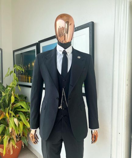 A Steel Black, Seer Sucker Fabric, Knitted, Peak Lapel Suit