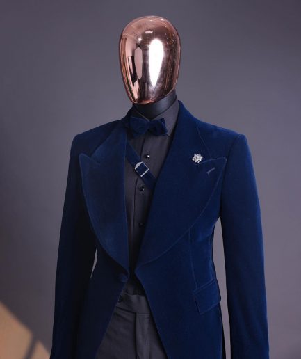 A Midnight Blue, Soaked Velvet Fabric, Knitted, Wide Peak Lapel Tuxedo Suit.