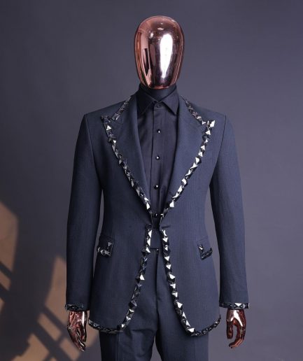A Steel Black, Seer Sucker Fabric, Knitted, Peak Lapel Suit