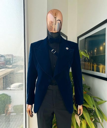 A Midnight Blue, Soaked Velvet Fabric, Knitted, Wide Peak Lapel Tuxedo Suit.