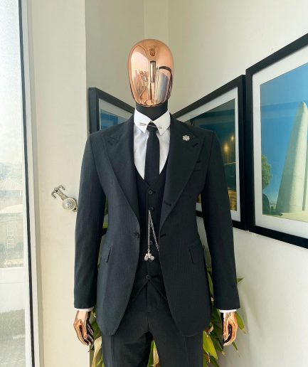 A Steel Black, Seer Sucker Fabric, Knitted, Peak Lapel Suit