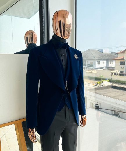 A Midnight Blue, soaked velvet fabric, knitted, wide peak lapel tuxedo suit