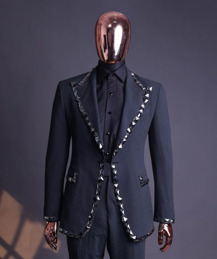 A Steel Black, Seer Sucker Fabric, Knitted, Peak Lapel Suit