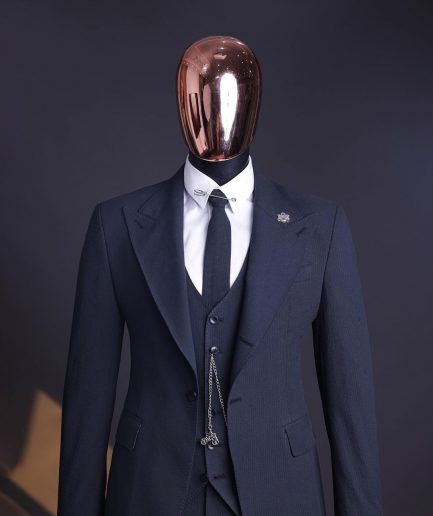 A Steel Black, Seer Sucker Fabric, Knitted, Peak Lapel Suit