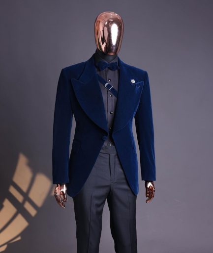 A Midnight Blue, Soaked Velvet Fabric, Knitted, Wide Peak Lapel Tuxedo Suit.