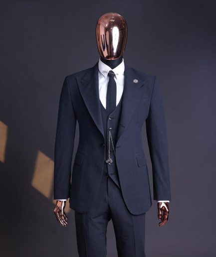 A Steel Black, Seer Sucker Fabric, Knitted, Peak Lapel Suit