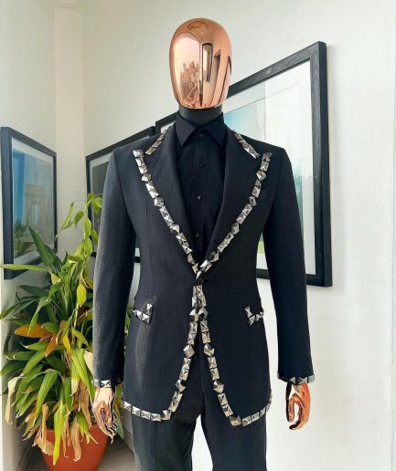 A Steel Black, Seer Sucker Fabric, Knitted, Peak Lapel Suit