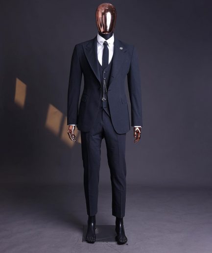 A Steel Black, Seer Sucker Fabric, Knitted, Peak Lapel Suit