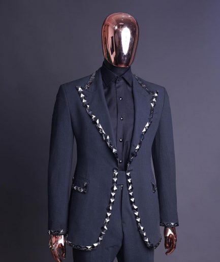 A Steel Black, Seer Sucker Fabric, Knitted, Peak Lapel Suit