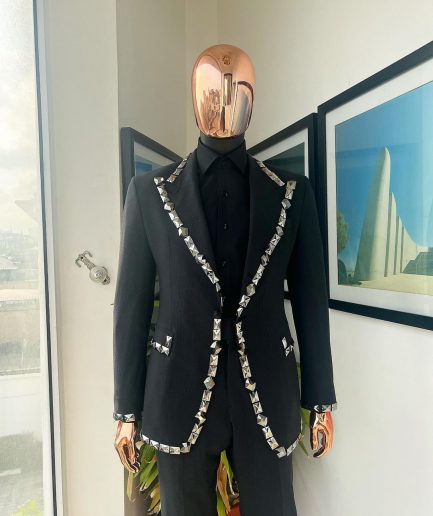 A Steel Black, Seer Sucker Fabric, Knitted, Peak Lapel Suit