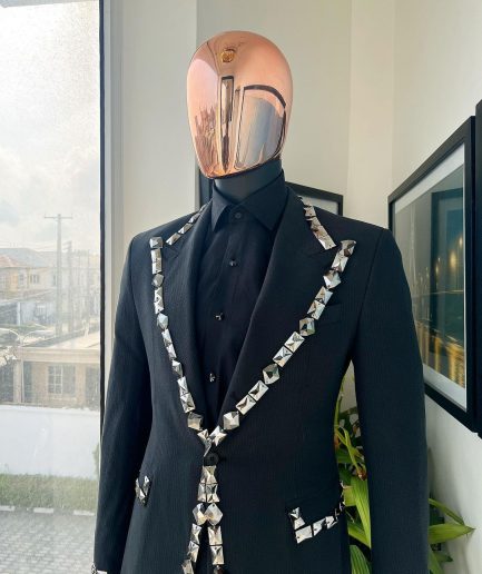 A Steel Black, Seer Sucker Fabric, Knitted, Peak Lapel Suit