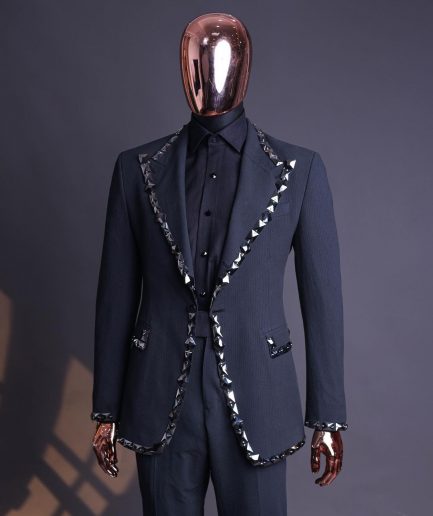 A Steel Black, Seer Sucker Fabric, Knitted, Peak Lapel Suit