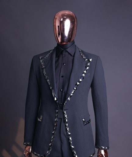 A Steel Black, Seer Sucker Fabric, Knitted, Peak Lapel Suit