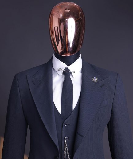 A Steel Black, Seer Sucker Fabric, Knitted, Peak Lapel Suit