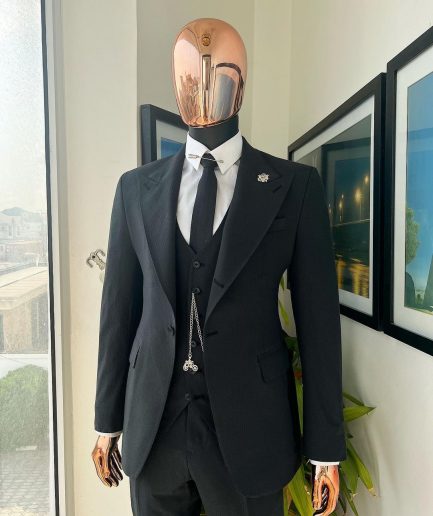 A Steel Black, Seer Sucker Fabric, Knitted, Peak Lapel Suit
