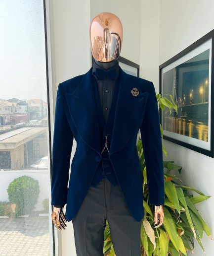 A Midnight Blue, soaked velvet fabric, knitted, wide peak lapel tuxedo suit