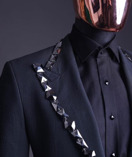 A Steel Black, Seer Sucker Fabric, Knitted, Peak Lapel Suit