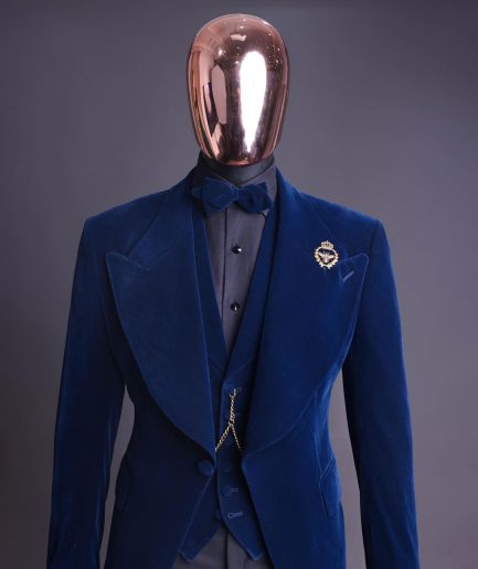 A Midnight Blue, soaked velvet fabric, knitted, wide peak lapel tuxedo suit