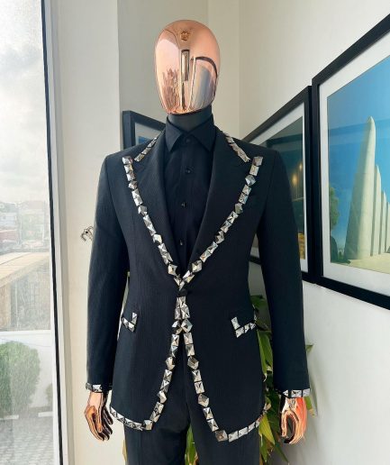 A Steel Black, Seer Sucker Fabric, Knitted, Peak Lapel Suit