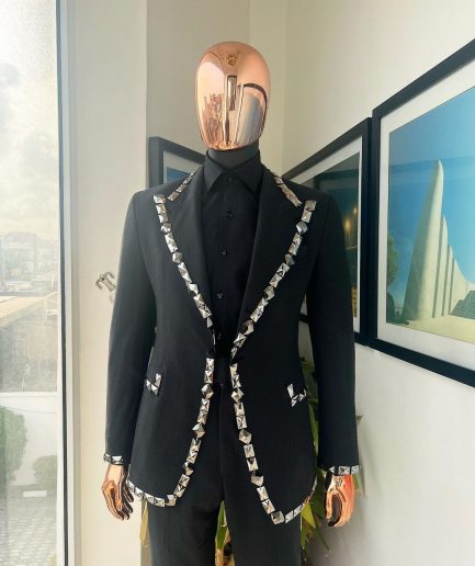 A Steel Black, Seer Sucker Fabric, Knitted, Peak Lapel Suit