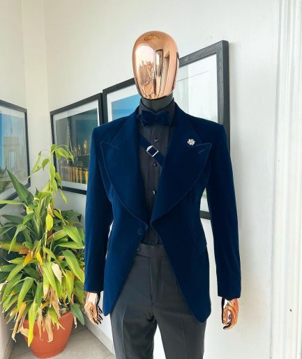 A Midnight Blue, Soaked Velvet Fabric, Knitted, Wide Peak Lapel Tuxedo Suit.