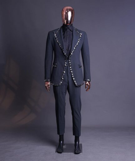 A Steel Black, Seer Sucker Fabric, Knitted, Peak Lapel Suit