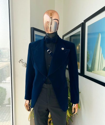 A Midnight Blue, Soaked Velvet Fabric, Knitted, Wide Peak Lapel Tuxedo Suit.