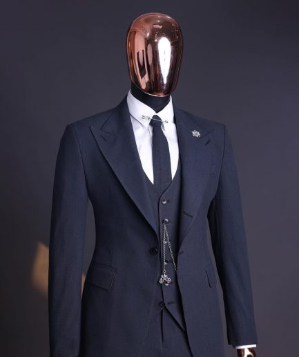 A Steel Black, Seer Sucker Fabric, Knitted, Peak Lapel Suit