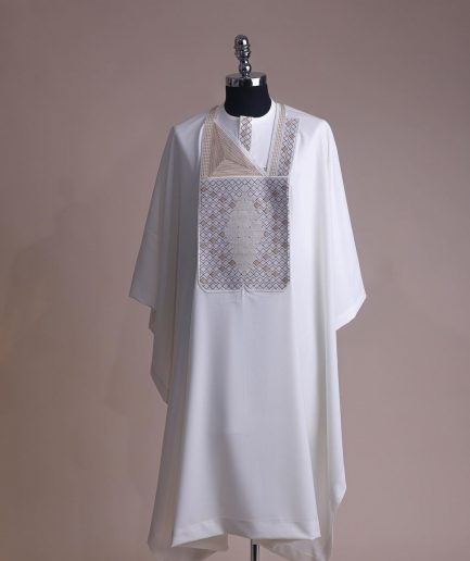 An Ivory white, chinoiserie chic pagoda with layers metallic wire embroidery details agbada