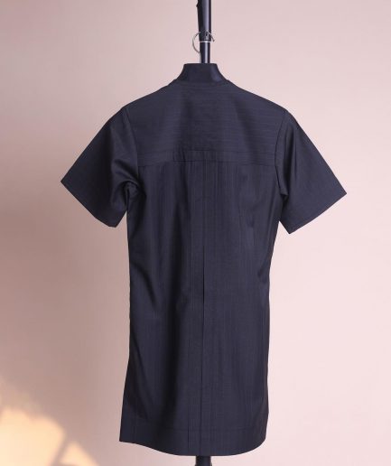A charcoal black and admiral blue pencil stripe, invisible neckline zip line with layered front flap details, short sleeve African senator kaftan native.