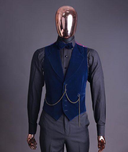 A Midnight Blue, soaked velvet fabric, knitted, wide peak lapel tuxedo suit