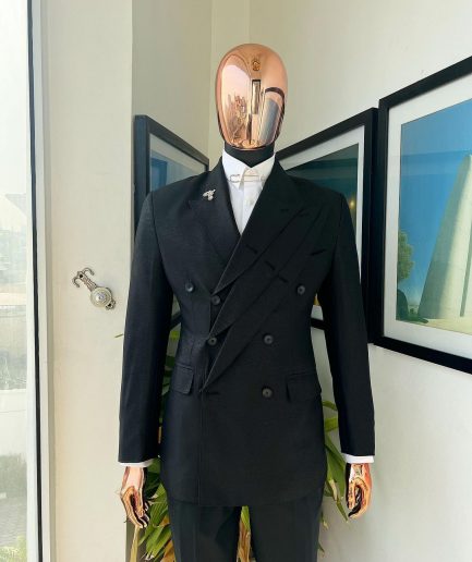 A “quad” charcoal black, 8 button, knitted,Peak lapel “4” breasted suit