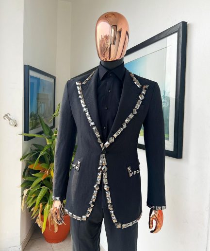 A Steel Black, Seer Sucker Fabric, Knitted, Peak Lapel Suit